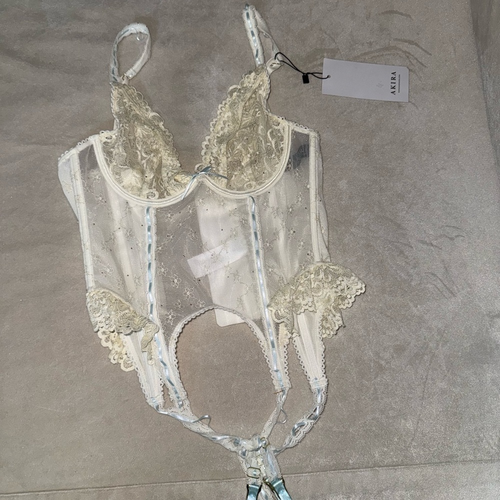 AKIRA Sheer Lace Bodysuit in Cream and Blue